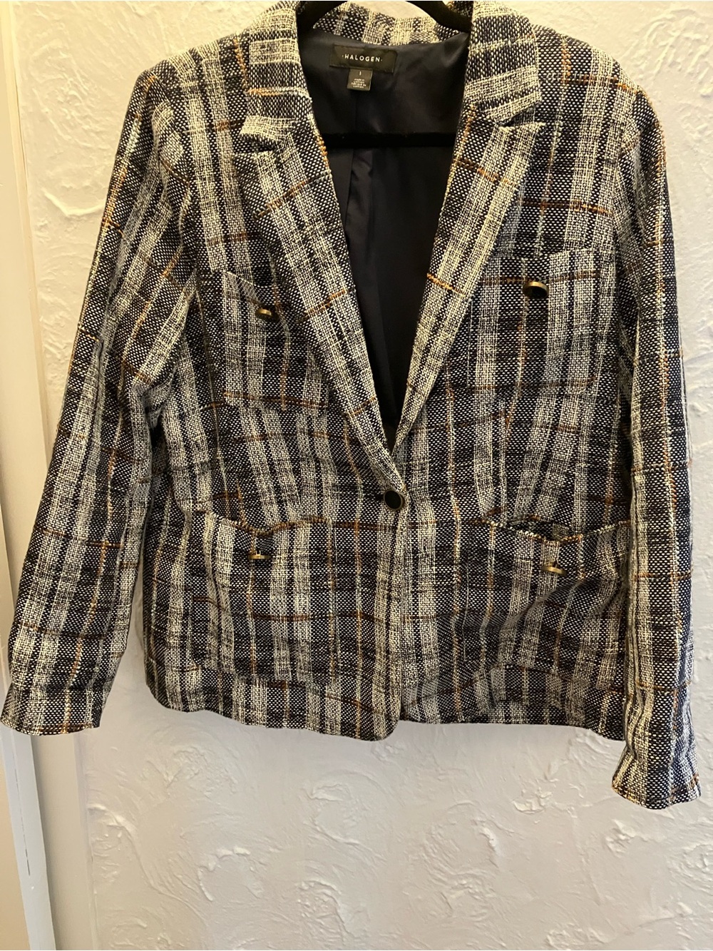Halogen Navy, Cream & Gold Plaid Tweed Blazer